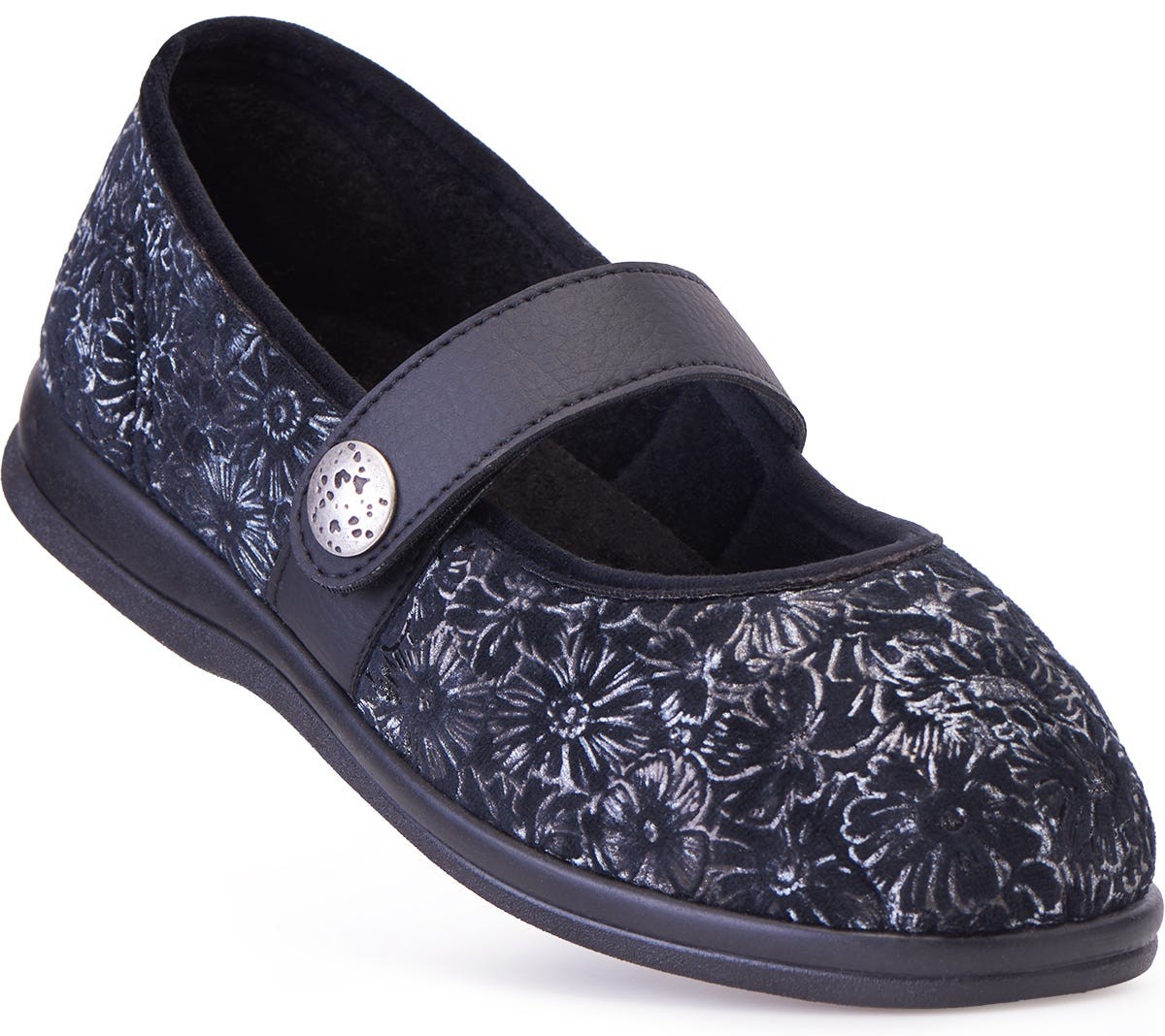 Black floral-patterned extra wide shoes with a Mary Jane strap, featuring a cushioned insole and a flexible sole, designed for comfort and swollen feet.