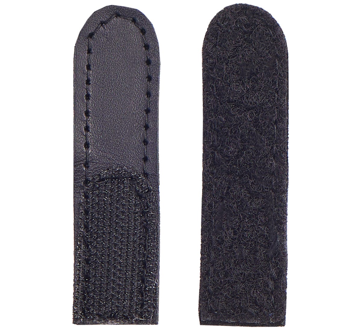 Black strap extensions made of textured fabric and smooth material, designed to enhance the fit of Cosyfeet footwear, featuring a stitched edge for durability.