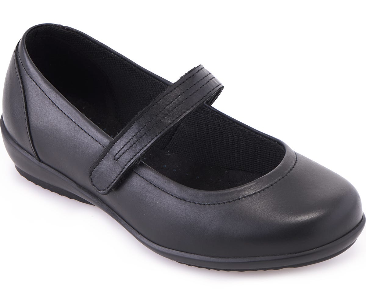 Black leather Mary Jane-style shoe featuring a wide fit, adjustable strap, and cushioned insole, designed for comfort and support for swollen feet.