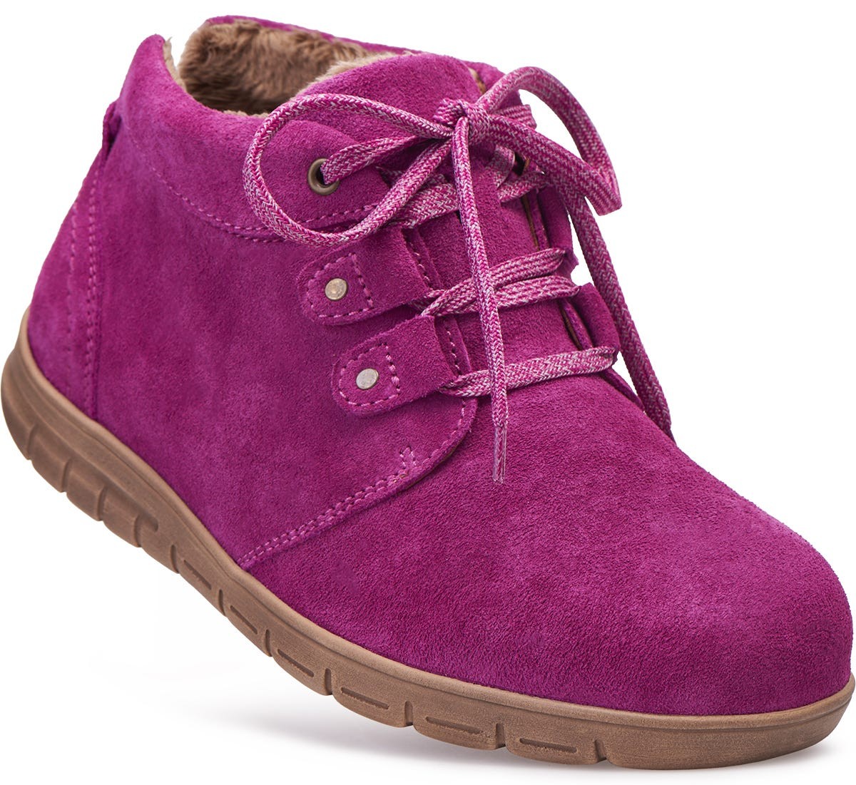 Extra wide women's boots in vibrant fuchsia suede, featuring a lace-up front, soft lining, and a flexible rubber sole, designed for comfort and support for swollen feet.