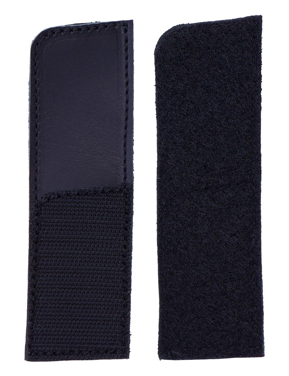 Black strap extensions made from a combination of smooth leather and textured fabric, designed to enhance the fit of Cosyfeet Ned shoes.