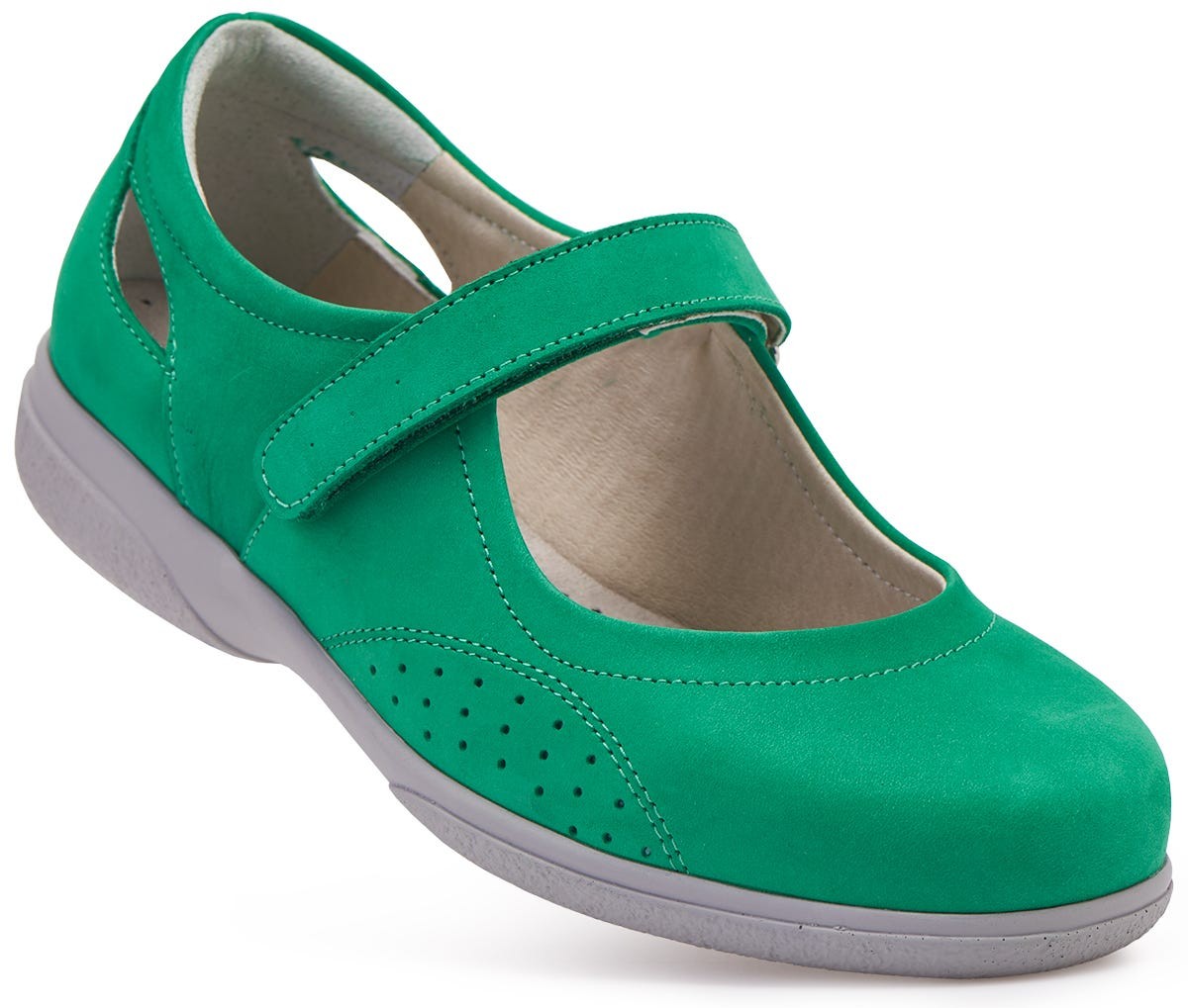 Bright green extra wide women's shoe with a Mary Jane style, featuring a Velcro strap, perforated detailing, and a cushioned insole for comfort.