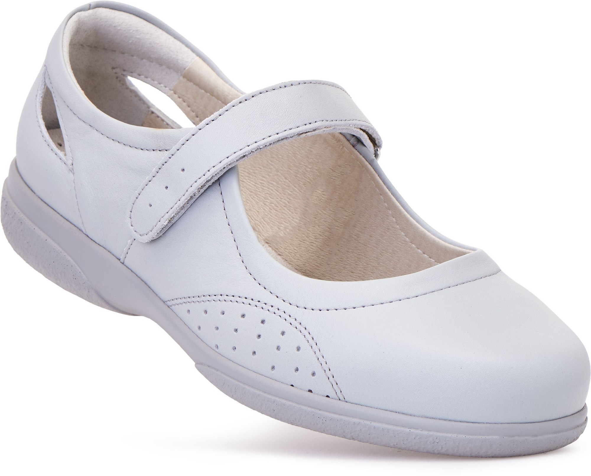 Light grey leather shoe with a wide fit, featuring a Velcro strap and perforated detailing on the sides for breathability, designed for comfort and support.