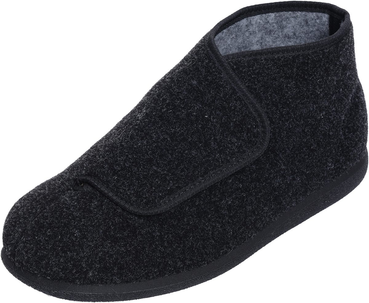Charcoal grey men's slipper with a soft, textured exterior, featuring a wide opening and adjustable strap, designed for comfort and swollen feet.