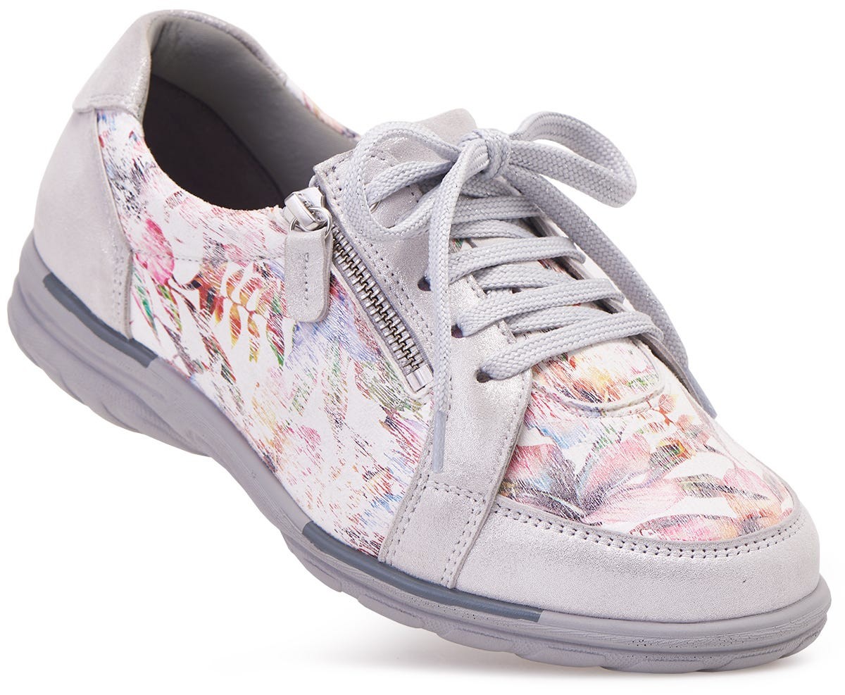 Light grey extra wide women's shoes featuring a floral print upper, lace-up design, and a side zipper for easy access, ideal for swollen feet.