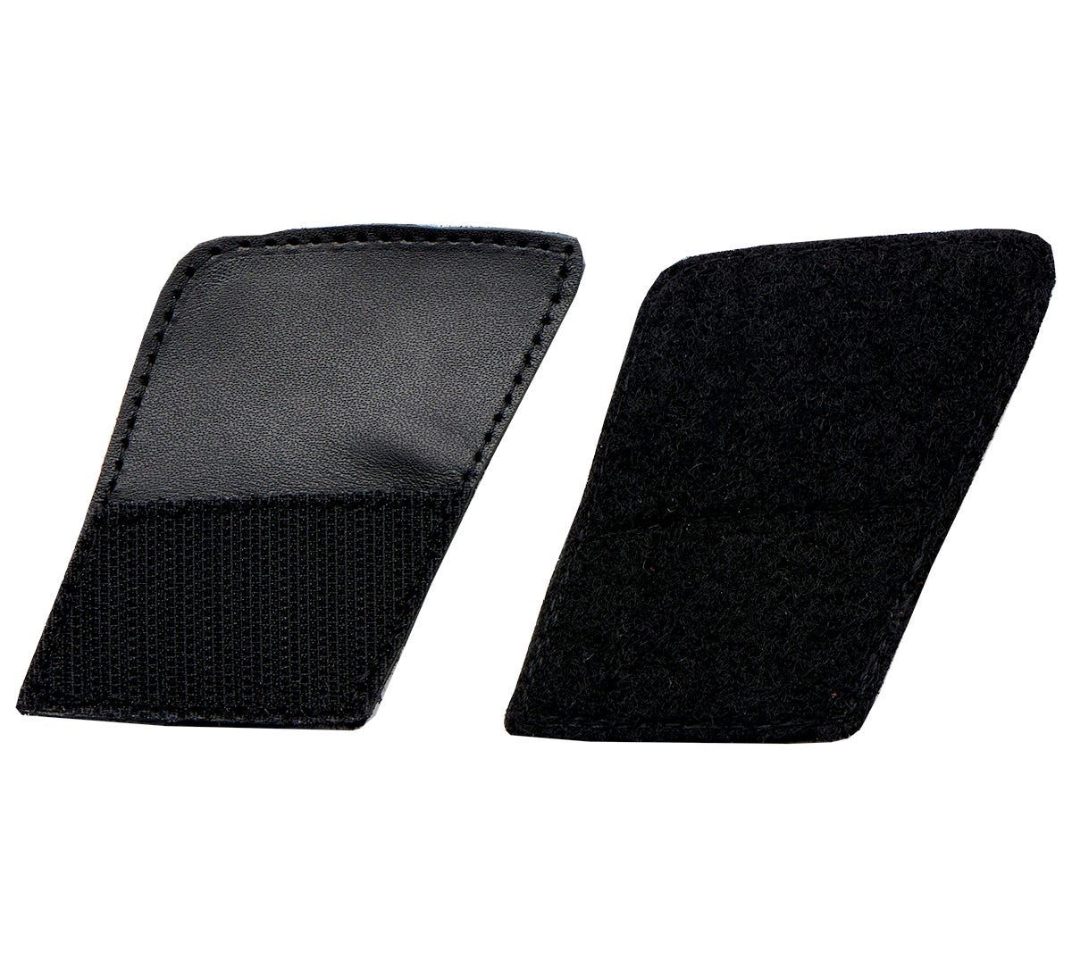 Black strap extensions made of a smooth leather-like material and textured fabric, designed to enhance the fit of footwear, featuring a Velcro attachment for easy use.