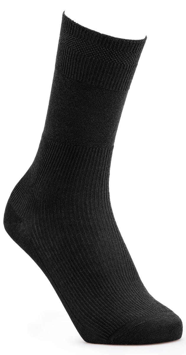 Black, seam-free socks made from wool-rich material featuring a soft hold design, ribbed cuff, and smooth texture for comfort.