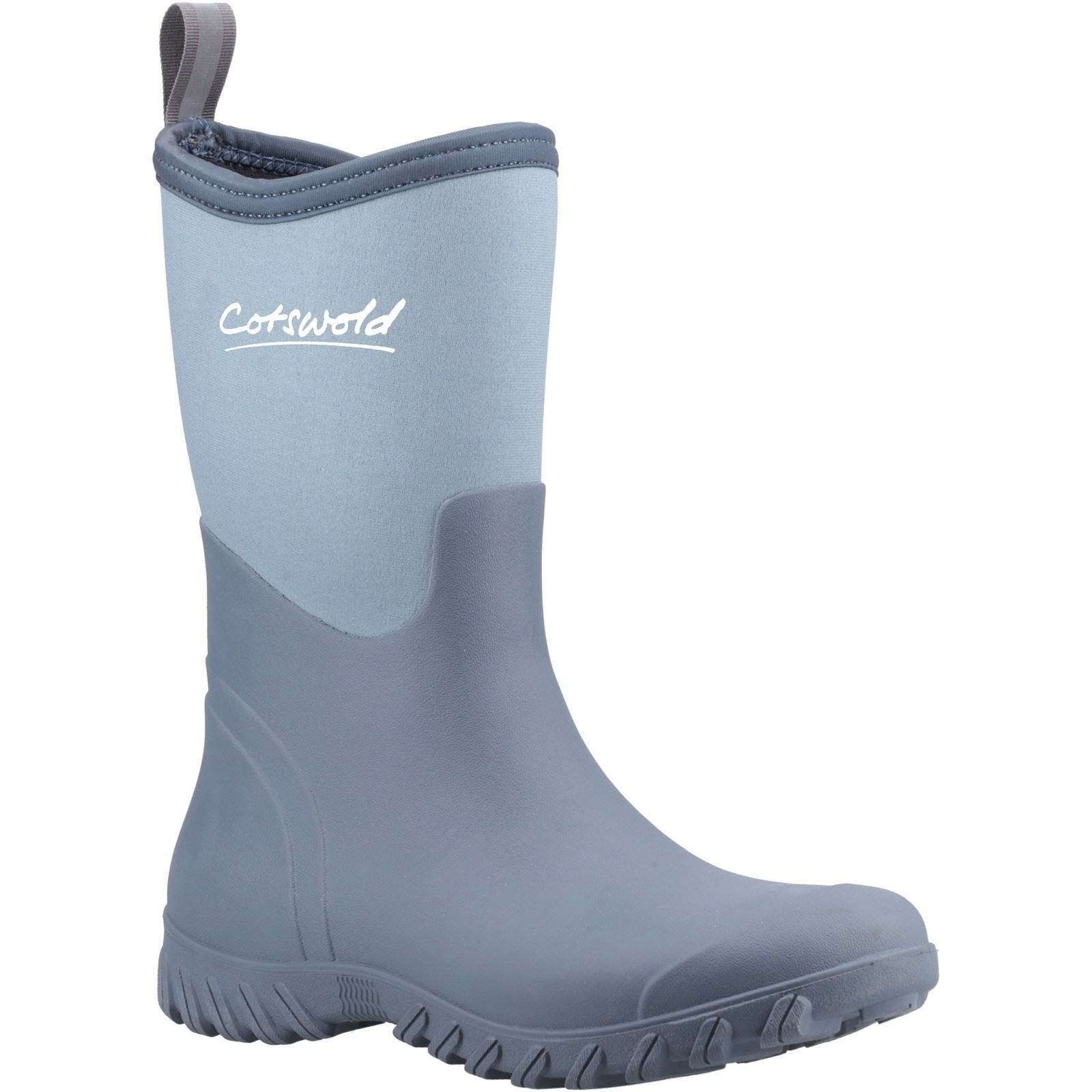 Blue rubber Wellington boots with a smooth finish, featuring a textured sole for grip, a cushioned ankle, and the Cotswold logo on the side.