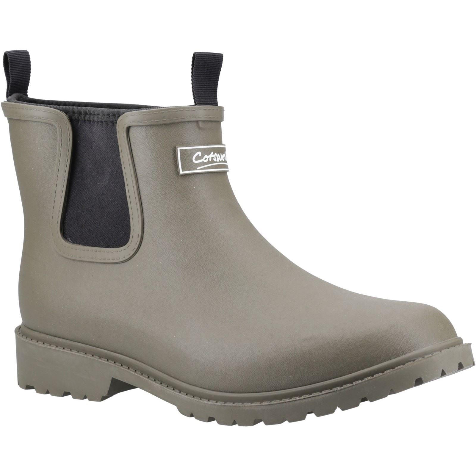 Khaki synthetic Wellington boots featuring elastic side panels, a sturdy sole, and a branded label, designed for comfort and durability in wet conditions.