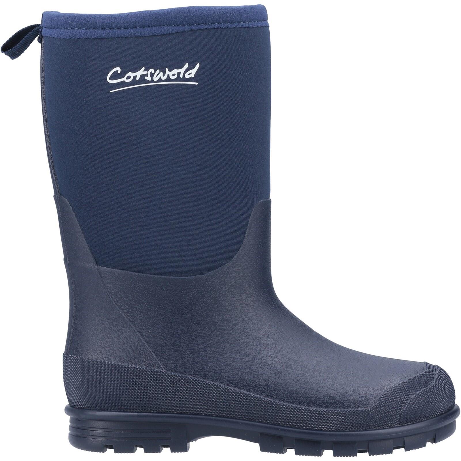 Navy neoprene wellington boot for children, featuring a textured rubber sole, reinforced toe, and a pull tab for easy wear, labeled with the Cotswold logo. Size UK 5 Infant.