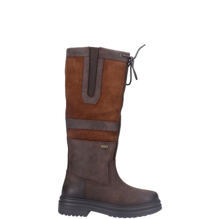 Brown Cotswold Broadway boots featuring a combination of smooth and suede leather, a tall design, adjustable lace, and a sturdy rubber sole for traction.