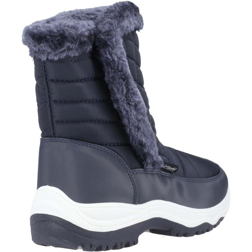 Navy mid-calf winter boots featuring a quilted textile upper, faux fur trim, and a sturdy white rubber sole for enhanced grip and comfort.