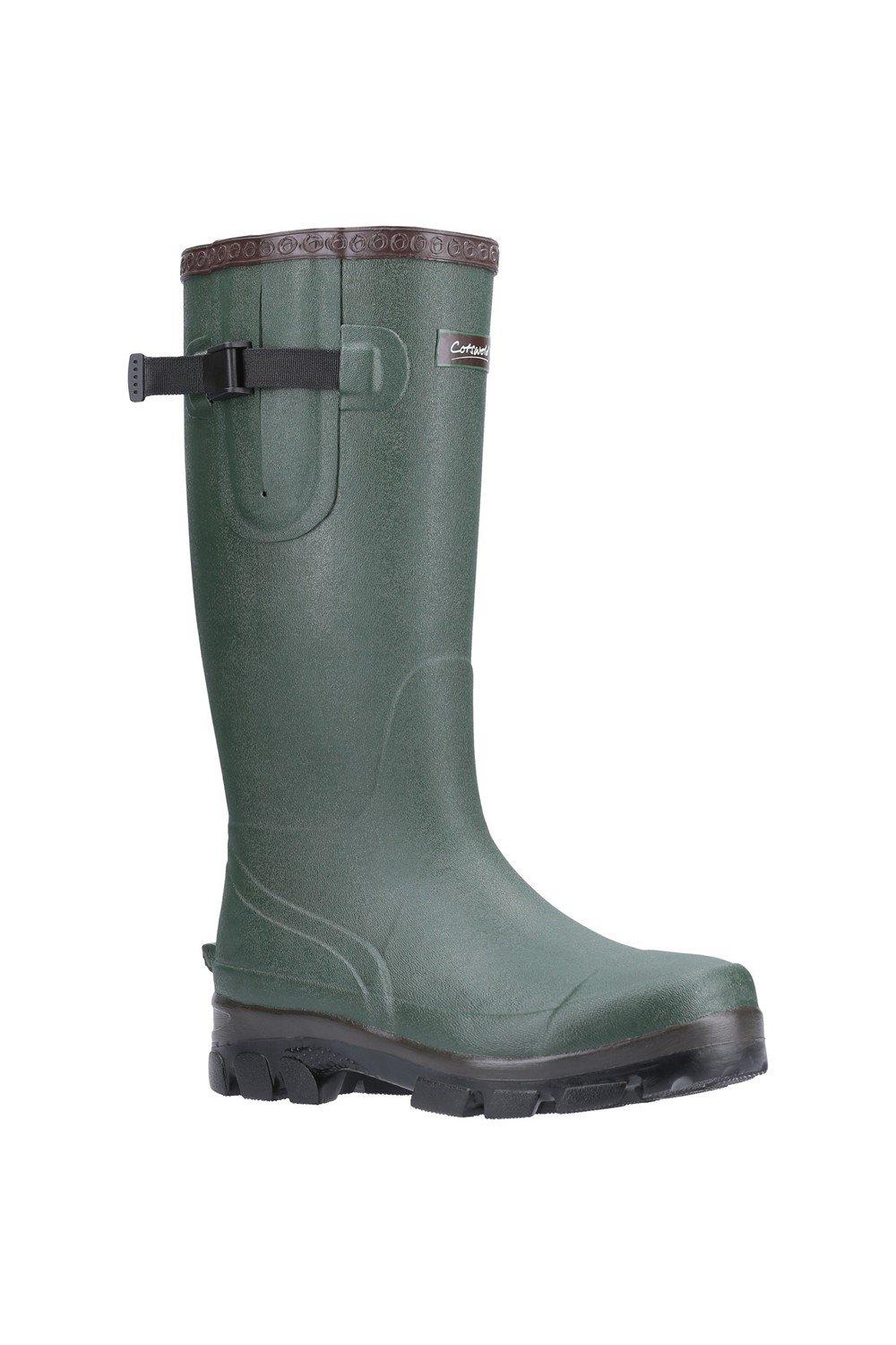 Green neoprene Wellington boot for men, featuring a buckle fastening, textured sole, and a sturdy design, available in UK size 5.