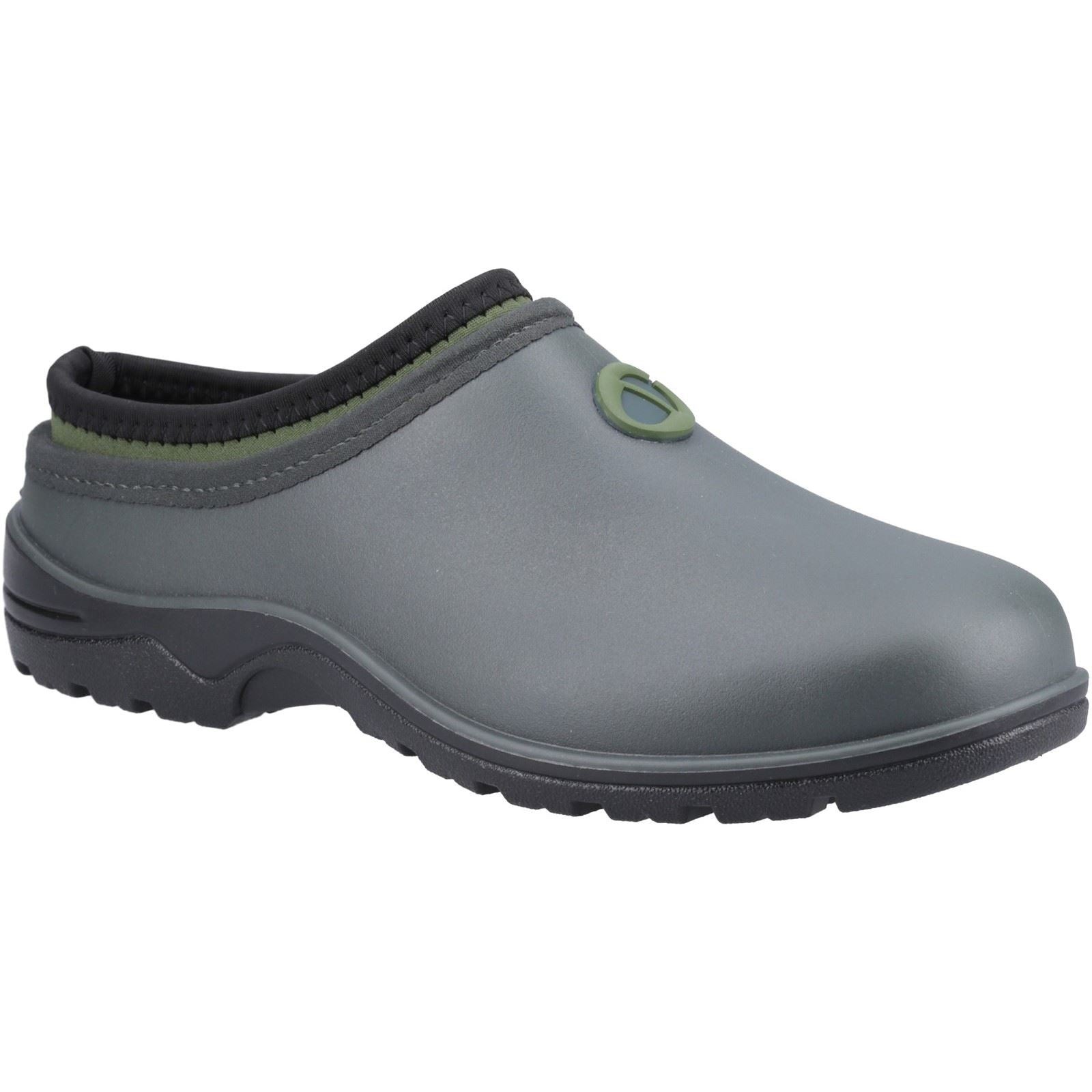 Cotswold Greenhill women's garden shoes in dark green synthetic material with a textured black sole and a rounded toe, featuring a flexible, slip-on design and a green accent.