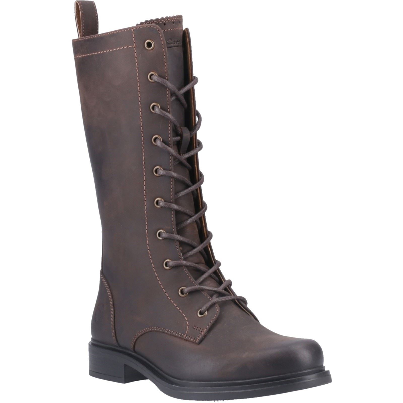 Brown leather knee-high boots with a lace-up front, round toe, and a sturdy black rubber sole, featuring a textured upper and subtle stitching details.