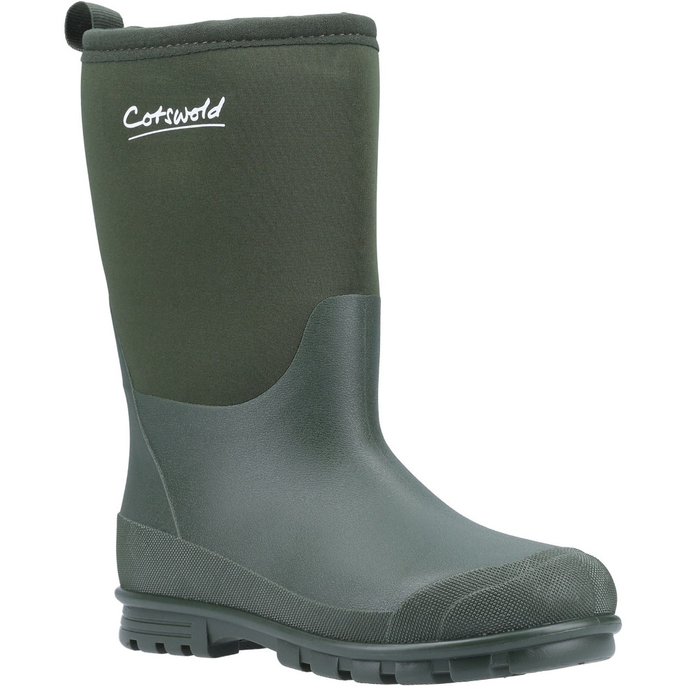Green synthetic Wellington boots with a textured finish, featuring a logo on the side, a sturdy sole, and a mid-calf height for outdoor wear.