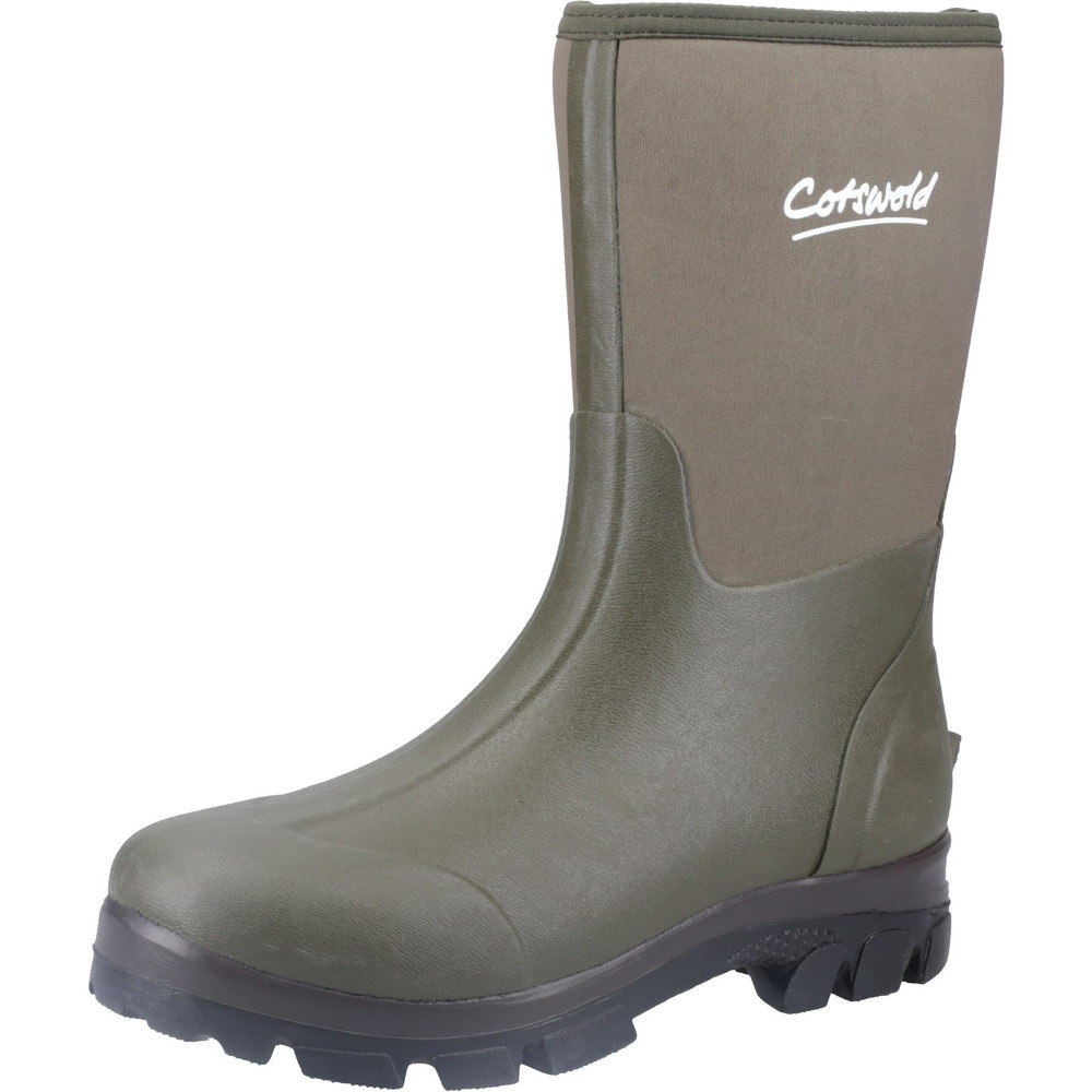 Green Cotswold Men's Kensington Wellingtons featuring a durable rubber exterior, a comfortable fit, and a textured sole for traction.