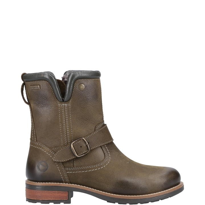 Khaki leather mid-calf boots featuring a buckle strap, contrasting stitching, a warm lining, and a sturdy brown heel, designed for winter wear.