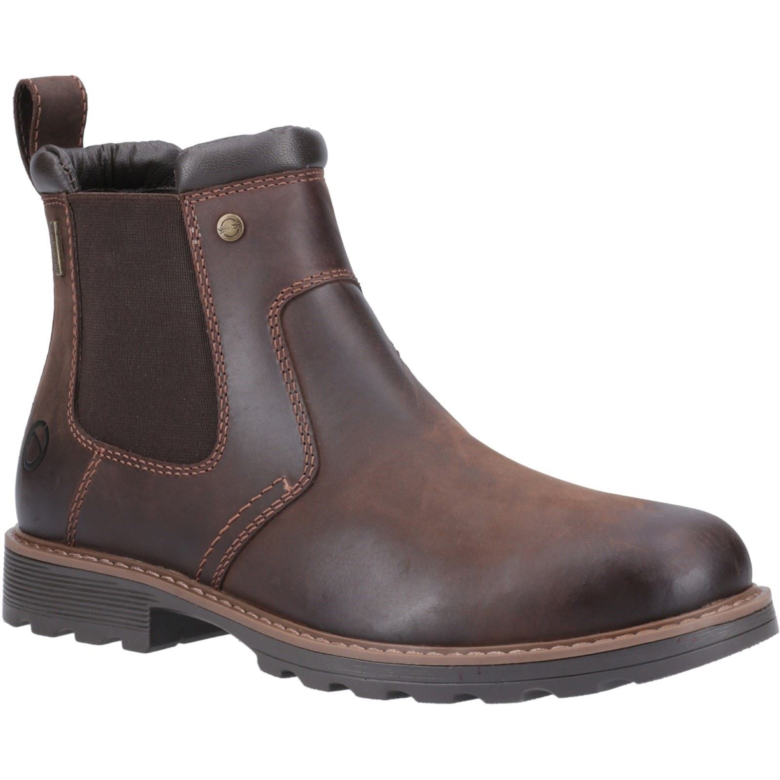 Brown leather ankle boots featuring elastic side panels, a pull tab, and a rugged sole, designed for comfort and durability.