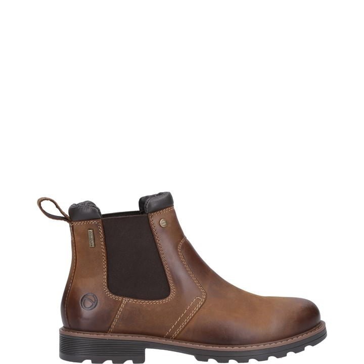 Tan leather Chelsea boots featuring elastic side panels, a pull tab, and a rugged sole for enhanced grip and comfort.