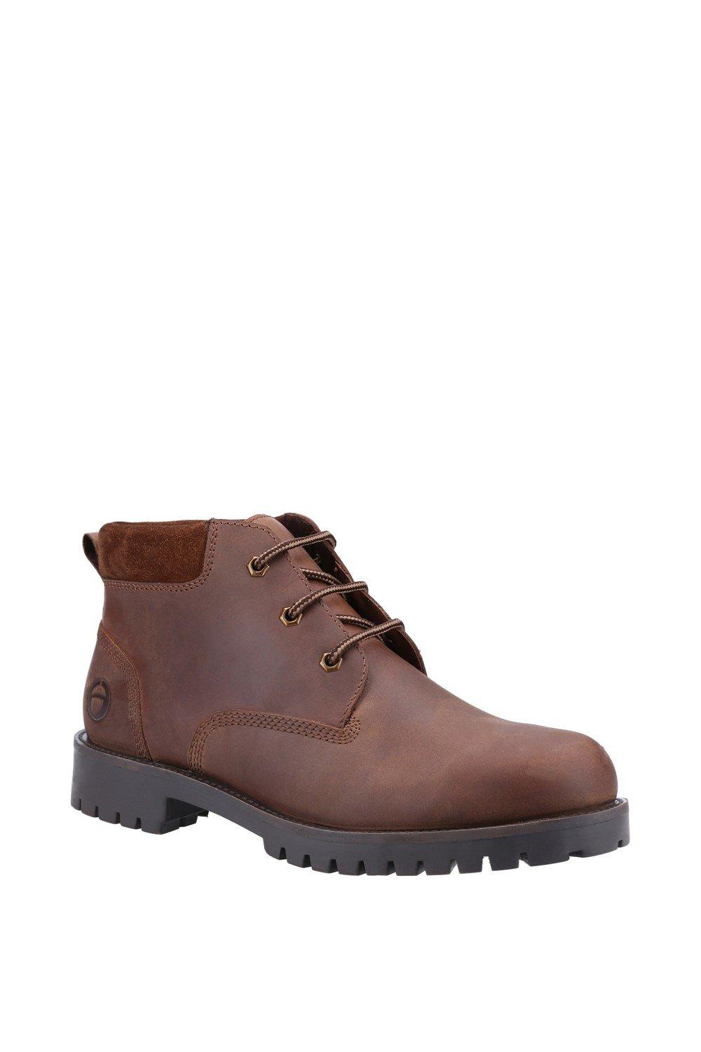 Brown leather shoe boot with a smooth finish, featuring metal eyelets, brown laces, and a rugged sole, designed for comfort and durability.