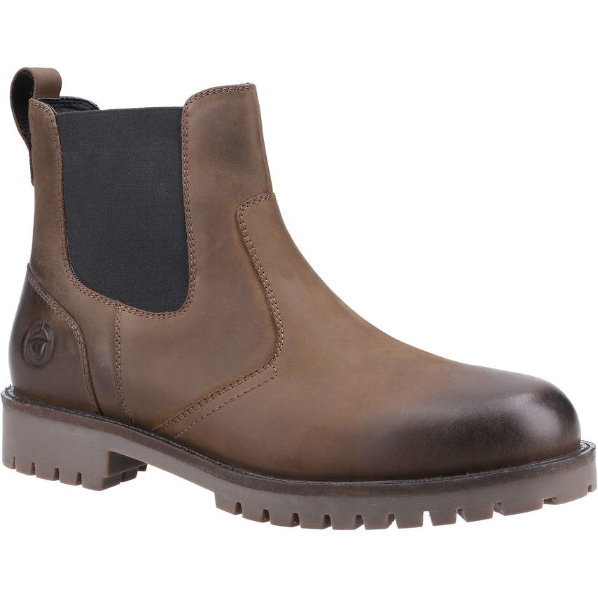 Brown leather Chelsea boot with a rounded toe, elastic side panels, and a rugged sole, featuring a subtle logo on the heel.