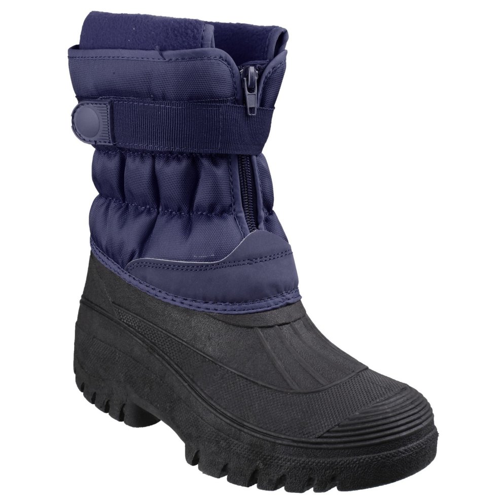 Navy winter boot featuring a touch fastening strap and zip closure, with a padded upper and a sturdy rubber sole for traction and warmth.