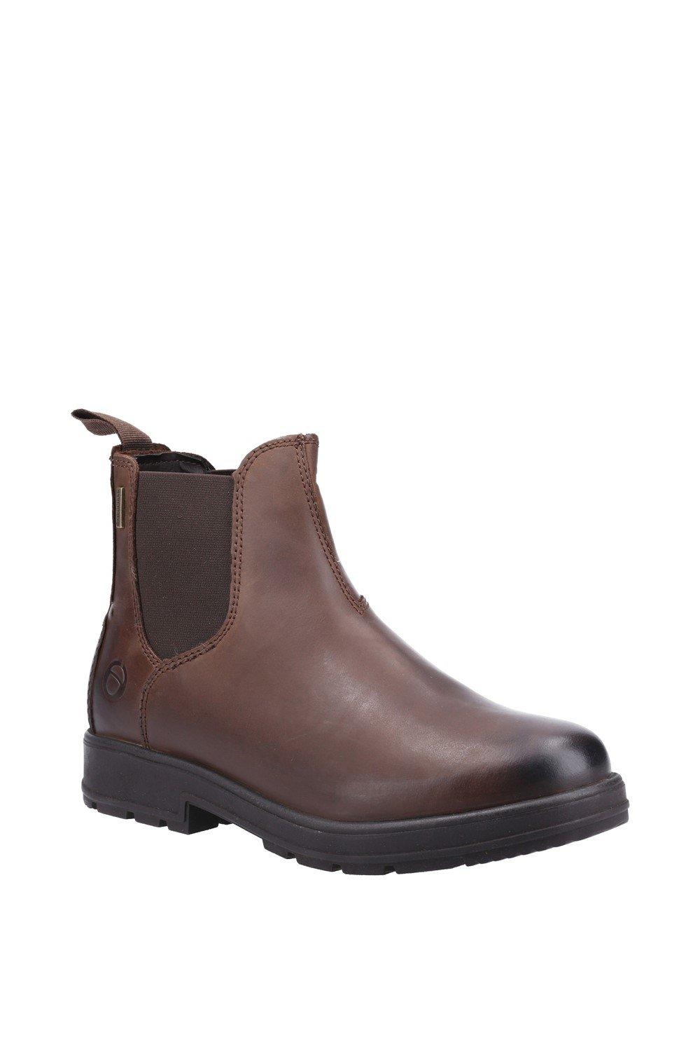 Brown leather ankle boot with elastic side panels, a pull tab at the back, and a sturdy rubber sole, designed for comfort and durability.
