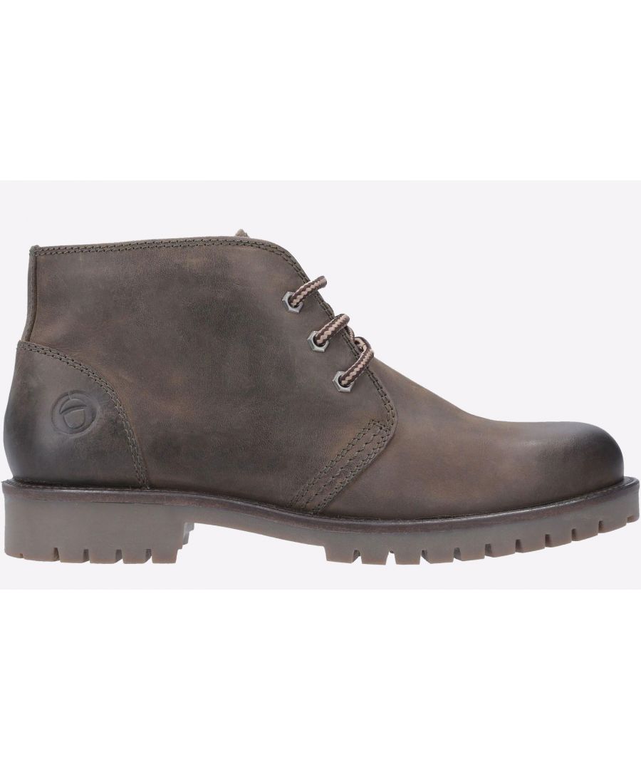 Brown leather ankle boot with a rounded toe, featuring two eyelets for laces and a textured sole for grip, designed for men's casual wear by Cotswold.