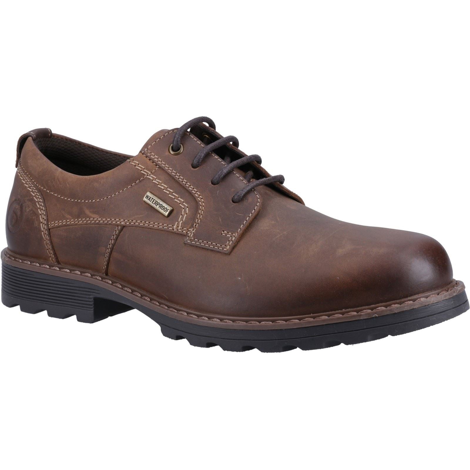 Dark tan leather men's shoes with a rounded toe, lace-up design, and rugged black sole, featuring subtle stitching and a waterproof label on the side.