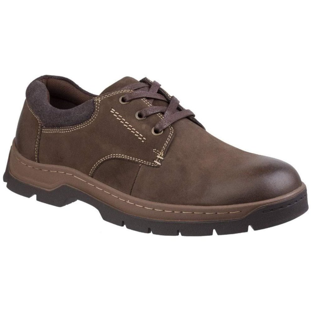 Brown burnished leather casual shoe for men by Cotswold, featuring a sturdy rubber sole, contrasting stitching, and lace-up design.