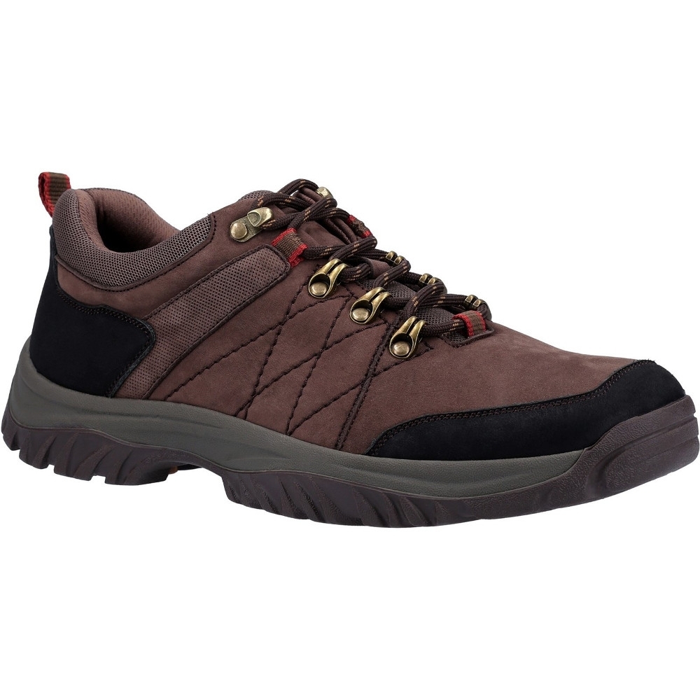 Brown memory foam men's shoes with a padded collar, metal eyelets, and a textured black rubber sole, featuring a sporty design and durable materials for comfort and support.