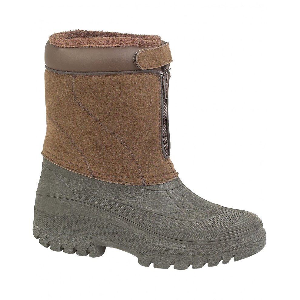Black waterproof winter boot featuring a sturdy rubber sole, insulated upper, and a zip closure for easy wear, designed for cold weather conditions.
