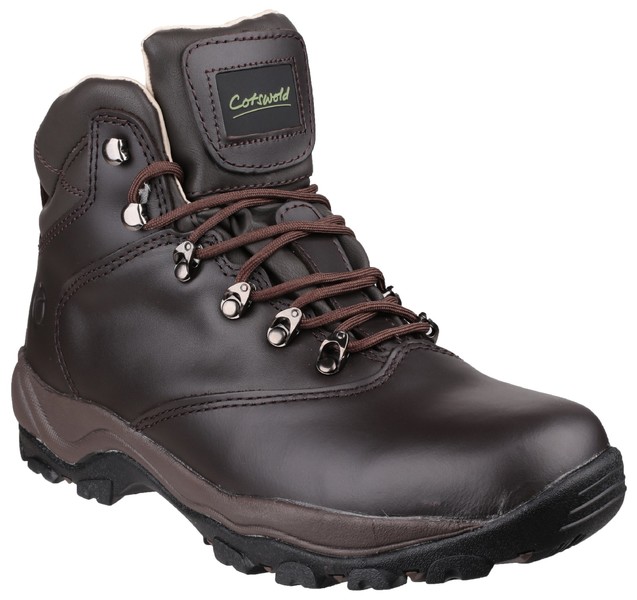 Brown leather hiking boots featuring metal eyelets, brown laces, and a rugged sole, designed for waterproof performance and outdoor durability.