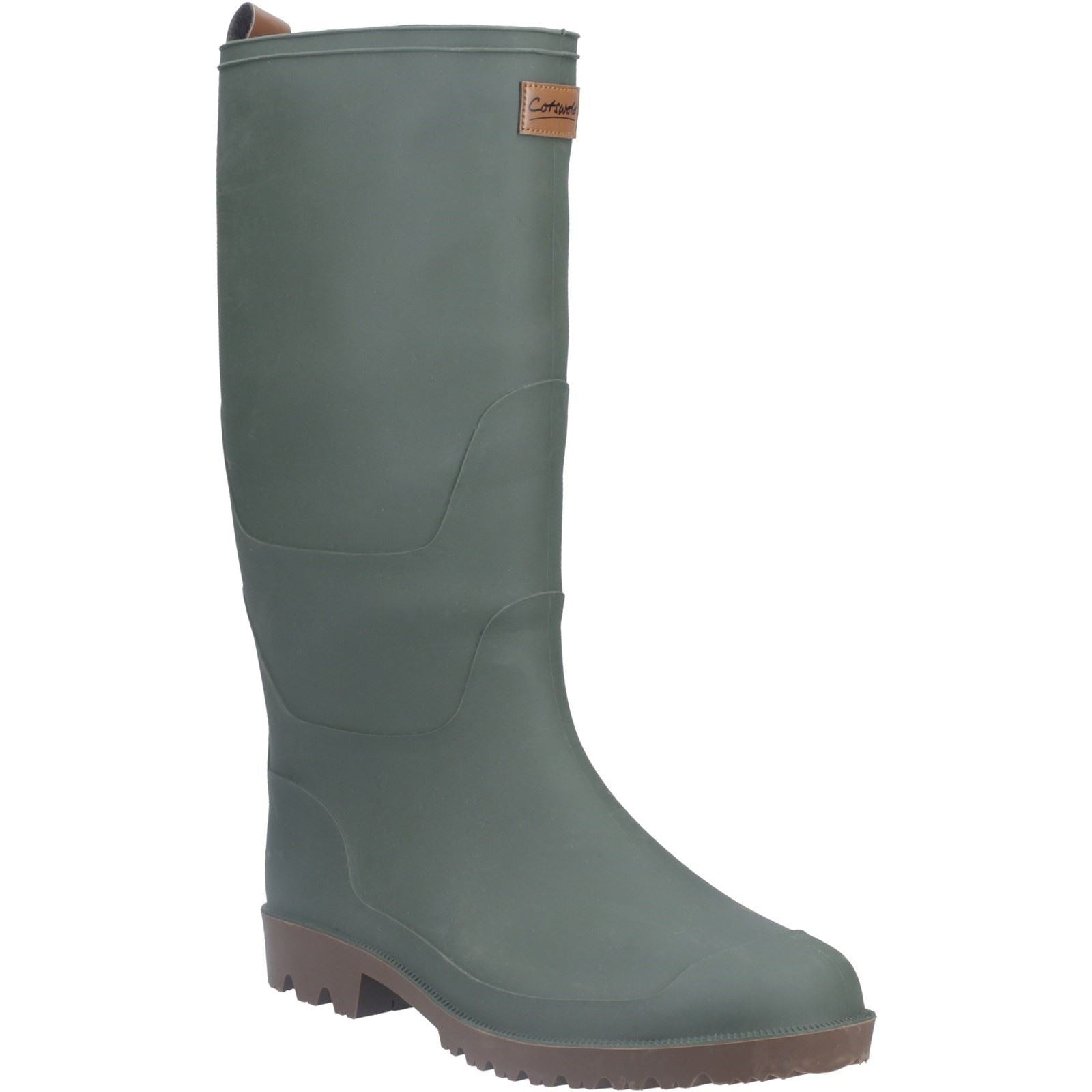 Tall green wellington boots made of rubber, featuring a textured sole for grip and a brown logo tag on the upper side for added detail.