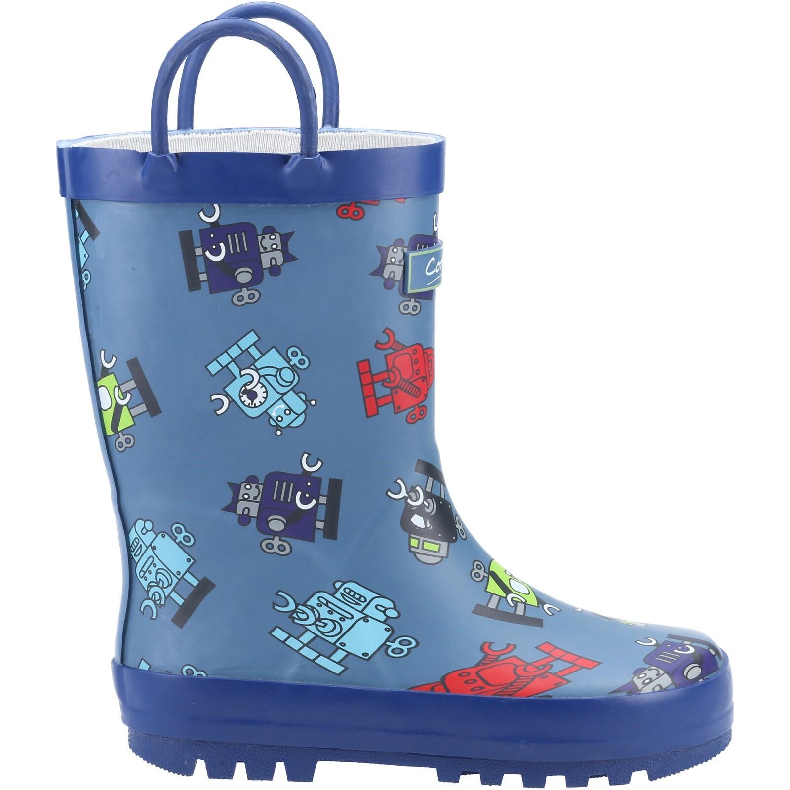 Blue rubber Wellington boots featuring colorful robot designs in red, green, and blue, with a textured sole and a convenient handle for easy wear.