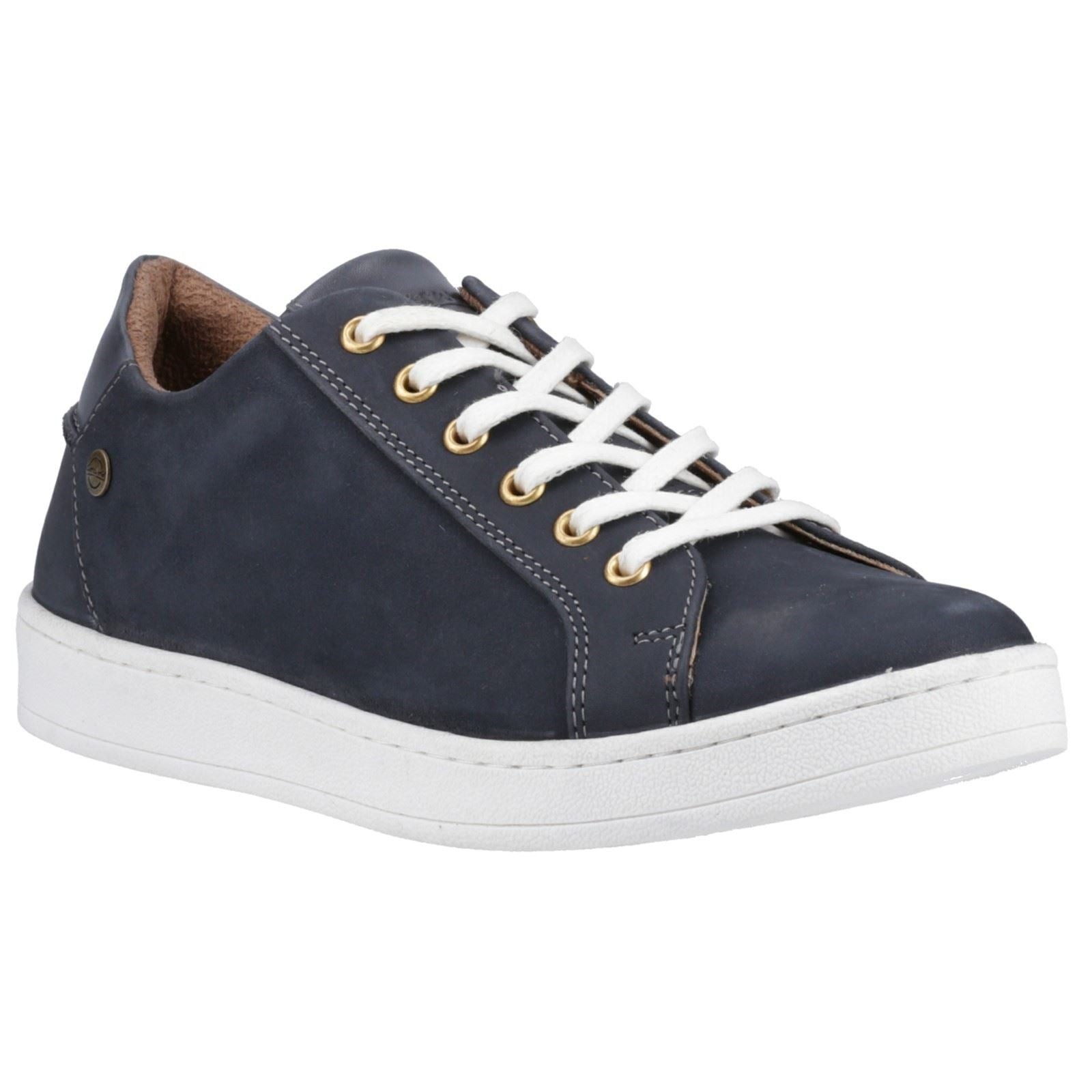 Navy leather trainers featuring white laces, gold eyelets, and a white rubber sole, with a sleek design and subtle stitching details.