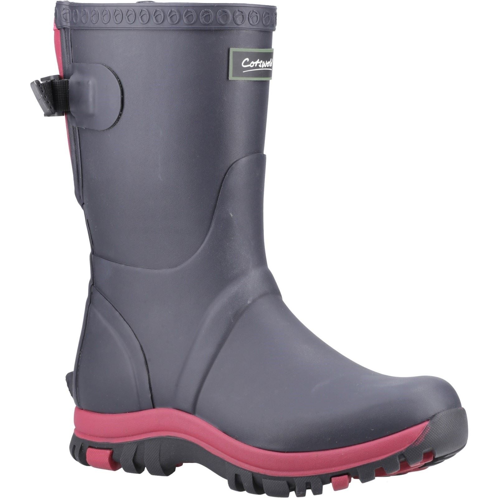 Navy rubber Wellington boots with pink accents, featuring a sturdy sole, adjustable strap, and a comfortable fit, designed for women's outdoor wear.