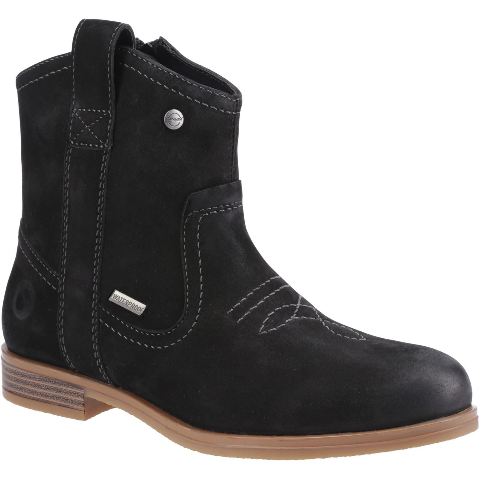 Black leather ankle boots with a smooth finish, featuring decorative stitching, a side pull tab, and a low stacked heel, designed for women's fashion.