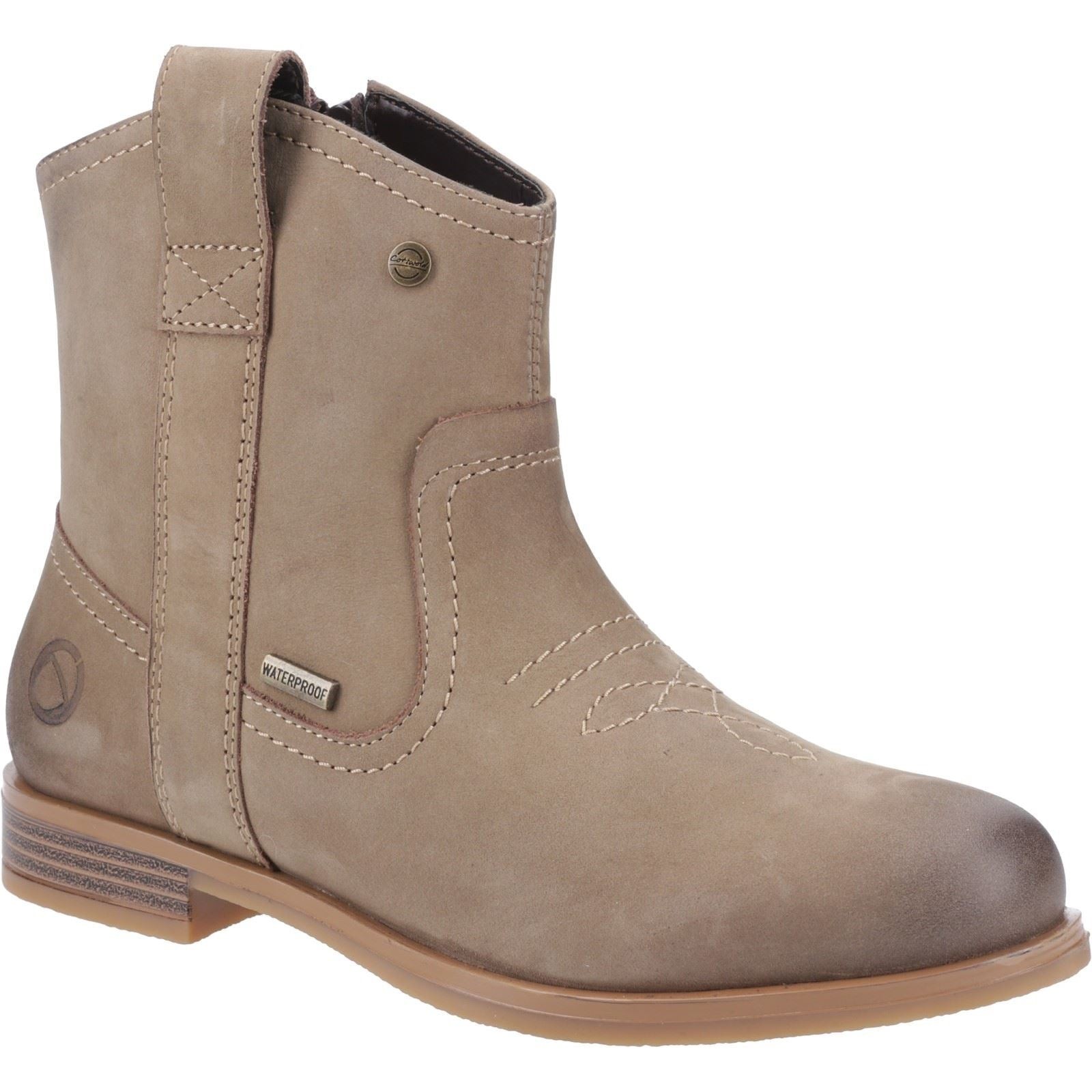 Taupe leather ankle boots with a waterproof feature, decorative stitching, and a pull tab for easy wear, set on a low, textured sole.