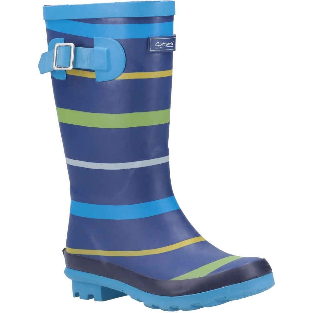 Blue rubber Wellington boots featuring green and yellow stripes, a buckle strap on the side, and a textured sole for grip, designed for juniors.