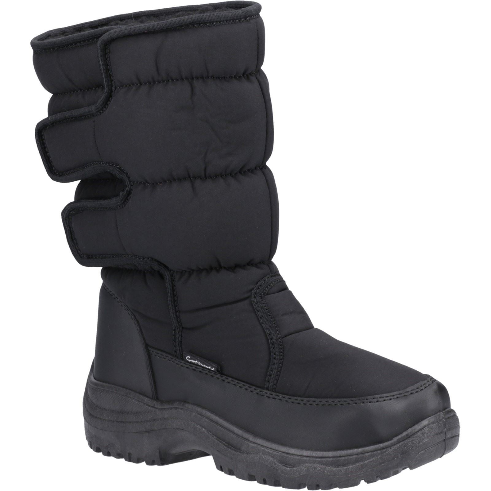 Black mid-calf winter boots featuring a quilted textile upper, three adjustable straps, and a sturdy rubber sole for enhanced grip and warmth.