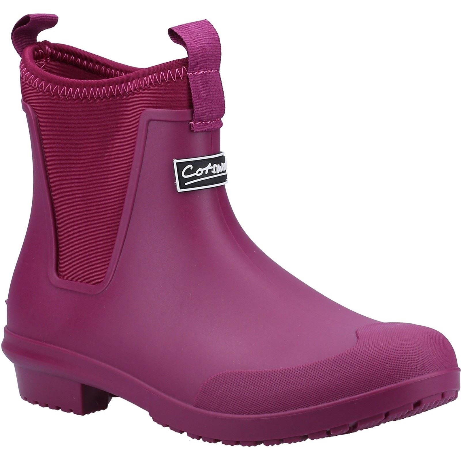 Berry-colored Cotswold Women's Grosvenor Wellingtons feature a rubber exterior, elastic side panels, and a pull tab for easy wear, designed for wet weather.