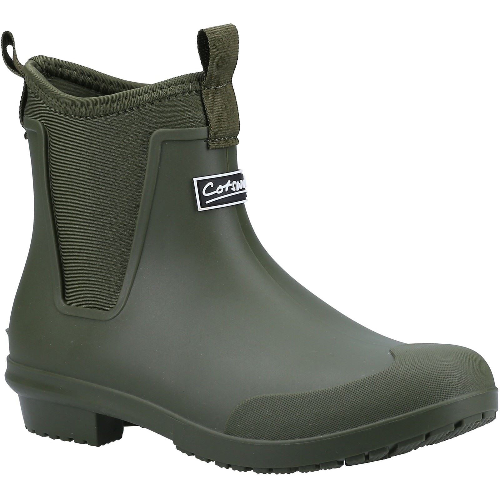 Green rubber wellington boot with a low ankle design, elastic side panels, and a textured sole, featuring a Cotswold logo on the side.