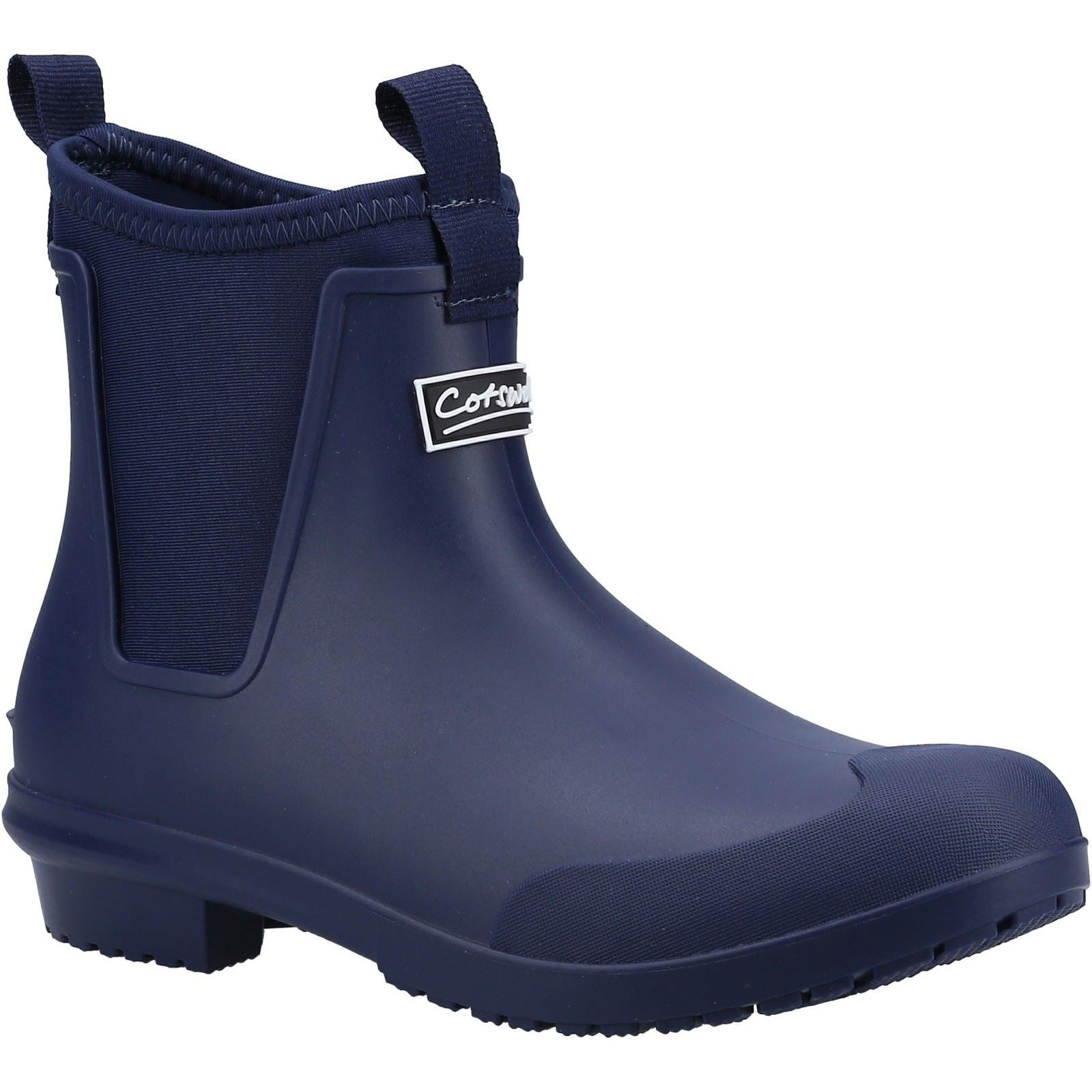Navy blue Cotswold Women's Grosvenor Wellingtons made of rubber, featuring a slip-on design, elastic side panels, and a textured sole for grip.