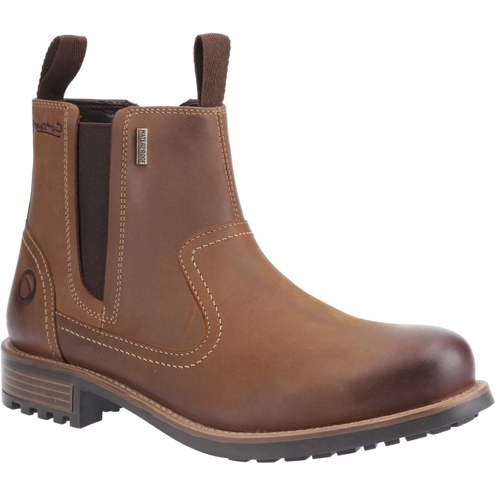 Brown leather ankle boot featuring elastic side panels, a pull tab, and a sturdy rubber sole, designed for comfort and durability.