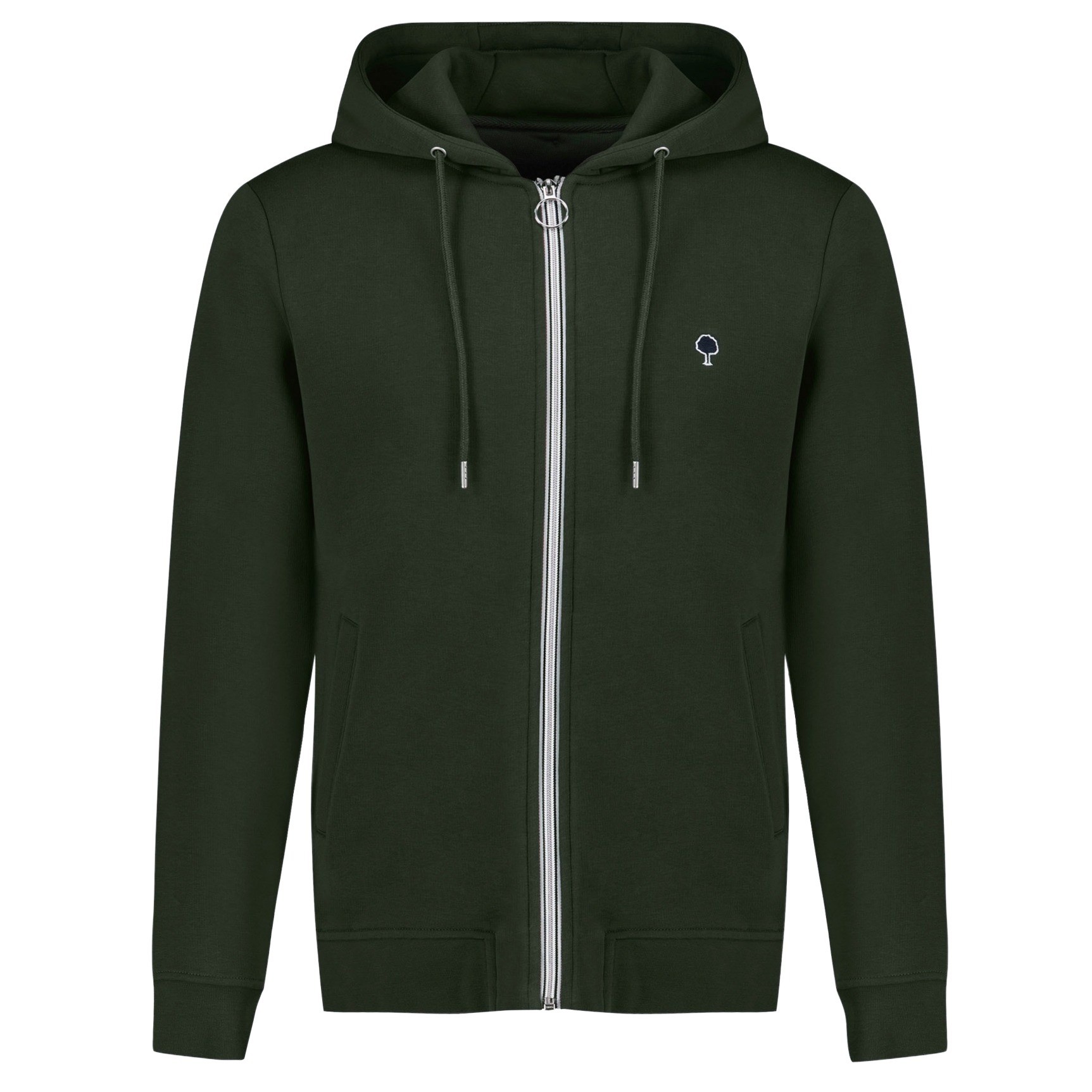 Dark green cotton sweatshirt with a zip front, adjustable drawstring hood, and a small embroidered logo on the chest.