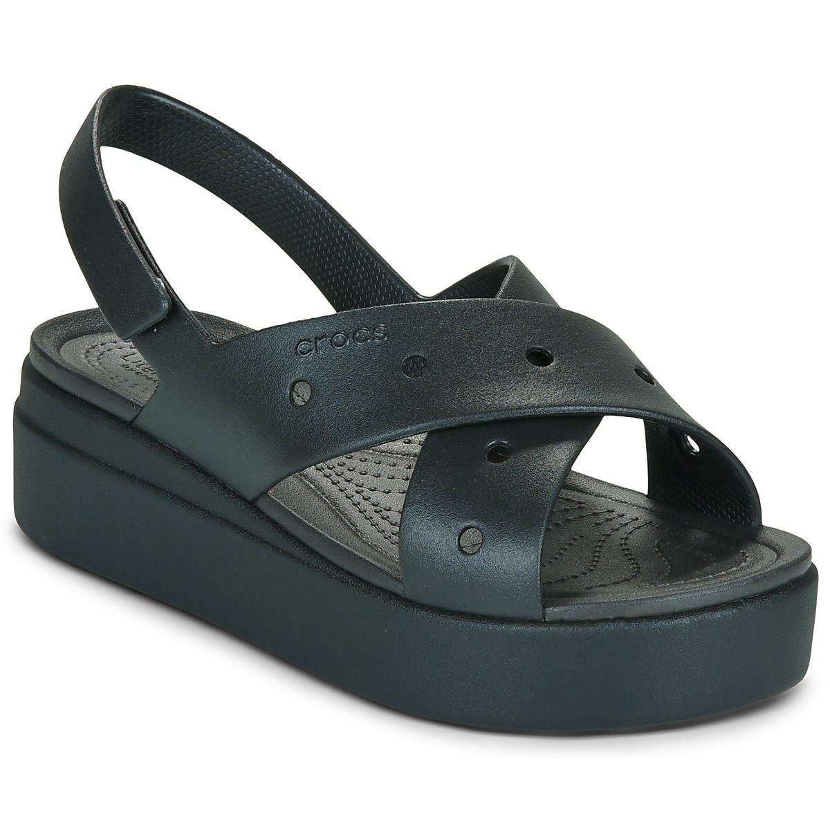 Black Crocs Brooklyn 4U cross strap sandals featuring a flat design, adjustable straps, and a cushioned sole for comfort.