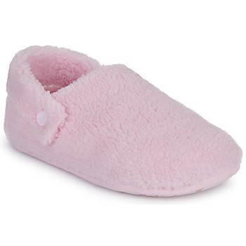 Soft pink women's slippers made from plush material, featuring a cozy, closed design and a button detail on the side for added style.