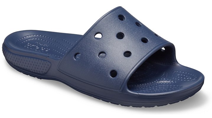Navy blue Crocs Classic Men's Slide in size M11W13, made of lightweight material with ventilation holes and a textured footbed for comfort.